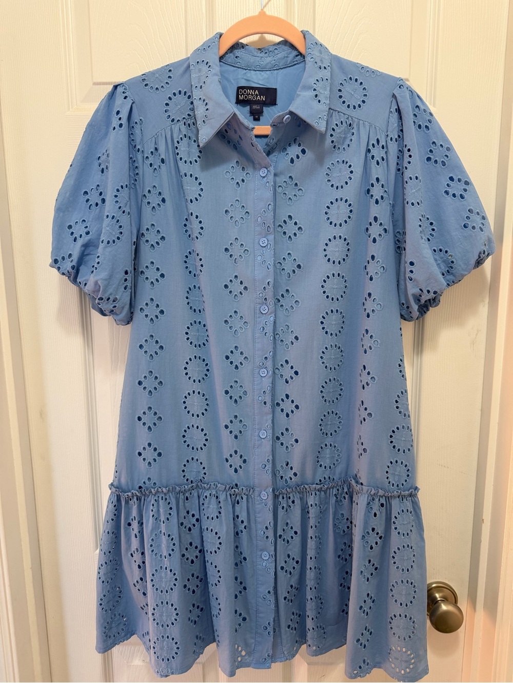 Donna Morgan Sky Blue Eyelet Button-Front Tiered Dress